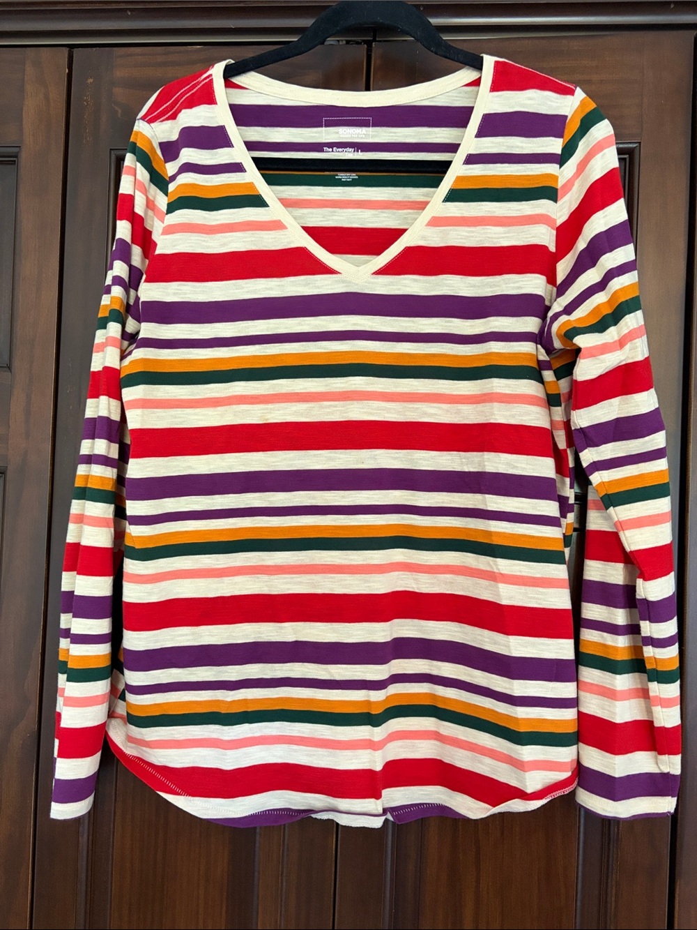Striped V-Neck Long Sleeve Top - Multi Colored Stripes